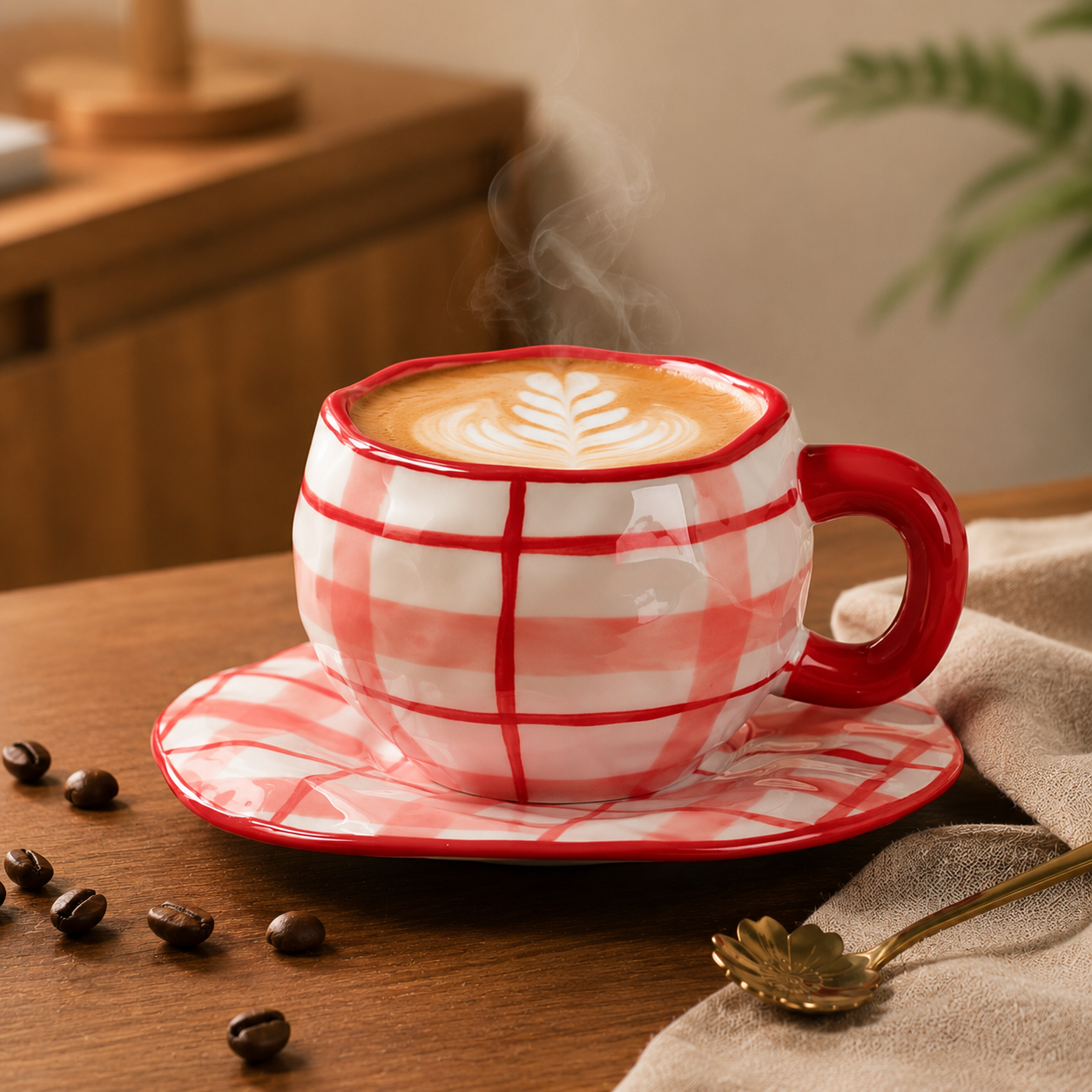 Set cană cu farfurie retro 250 ml, Colectia Retro Charm - Rosu